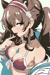 Rule 34 | 1girl, absurdres, alternate costume, angelina (arknights), animal ears, arknights, bikini, blue jacket, blush, breasts, brown eyes, brown hair, cleavage, commentary, earpiece, fox ears, from side, green background, hairband, highres, infection monitor (arknights), iwano kenta, jacket, jewelry, long hair, looking at viewer, medium breasts, nail polish, necklace, open clothes, open jacket, open mouth, pointing, pointing at self, profile, red bikini, red hairband, red nails, simple background, smile, solo, swimsuit, twintails, two-sided fabric, two-sided jacket, upper body, white jacket, wristband
