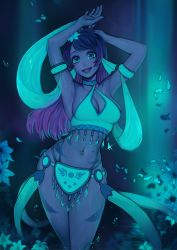 Rule 34 | 1girl, :d, absurdres, aqua sclera, aqua theme, armpits, arms up, artist name, blue eyes, blue theme, breasts, colored sclera, colored skin, commentary, commission, copyright request, cowboy shot, deltarune, english commentary, fins, flower, gradient hair, hair flower, hair ornament, head fins, highres, large breasts, long hair, looking at viewer, matilda fiship, midriff, monster girl, multicolored hair, navel, open mouth, petals, purple hair, purple skin, smile, solo, symbol, undertale, underwater