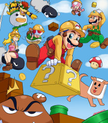 Rule 34 | 2girls, ? block, angry, annoyed, block (object), bowser, breasts, brick block, brown hair, bullet bill, claws, coin, day, dog, earrings, facial hair, flag print, flagpole, flying, gloves, gold coin, goomba, green shell (mario), grin, hard hat, helmet, jewelry, jumping, koopa clown car, koopa shell, laughing, long hair, luigi, mario, mario (series), multiple girls, mustache, nintendo, overalls, ponytail, princess peach, red eyes, red hair, shorts, smile, smoking pipe, spikes, super mario maker 2, super mushroom, toad (mario), toadette, undodog, warp pipe, worried, zero momentai
