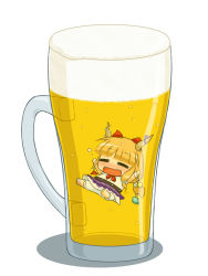 Rule 34 | 1girl, alcohol, bad id, bad pixiv id, beer, bloomers, bow, chain, chibi, cup, female focus, hair bow, horns, ibuki suika, in container, in cup, mini person, minigirl, nyontase, ribbon, solo, touhou, underwear