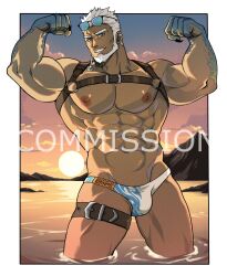 Rule 34 | 1boy, abs, aegir (housamo), anchor earrings, bara, bare pectorals, beard, belt, blue eyes, bulge, chest harness, commission, cowboy shot, earrings, eyewear on head, facial hair, fingernails, flexing, full beard, harness, highres, jewelry, kollyanna, looking at viewer, male focus, male swimwear, muscular, muscular male, mustache stubble, navel, o-ring, o-ring harness, ocean, pectorals, scales, sharp fingernails, shirt, short hair, single earring, smile, solo, stubble, sunset, thick eyebrows, thigh belt, thigh strap, tokyo houkago summoners, watermark, white hair, white shirt