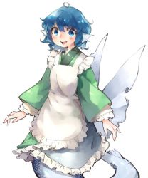 Rule 34 | 1girl, apron, blue eyes, blue hair, commentary request, cowboy shot, fins, green kimono, head fins, japanese clothes, kimono, kukkuru, long sleeves, looking at viewer, mermaid, monster girl, open mouth, ringlets, short hair, simple background, solo, touhou, wakasagihime, white background