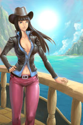 Rule 34 | 1girl, belt, black hair, blue eyes, breasts, cleavage, cloud, cowboy hat, female focus, hand on own hip, hat, jacket, legs, long hair, midriff, mountain, navel, nico robin, ocean, one piece, outdoors, pants, pirate, ship, sky, solo, standing, sun, thighs, water, watercraft