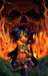 Rule 34 | 1girl, armor, blue hair, female focus, fire, pi-po, satou toshiyuki, skull, solo, sword, warrior, weapon
