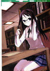Rule 34 | black hair, blue eyes, book, glasses, highres, katase yuu, library, long hair, sitting, skirt, solo, studying
