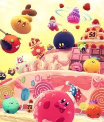Rule 34 | blue skin, blush stickers, bow, bowtie, bronto burt, cake, cake slice, candy, cappy (kirby), character mask, chocolate, chocolate bar, chuchu (kirby), colored skin, copy ability, cosplay, cupcake, flying, food, food on face, fruit, gordo, happy, hat, hi-jump kirby, highres, jester cap, kabu (kirby), king dedede, king dedede (cosplay), kirby, kirby&#039;s dream buffet, kirby (series), lollipop, looking at viewer, magolor, magolor (cosplay), marx (kirby), marx (kirby) (cosplay), mask, nintendo, no humans, o o, open mouth, orb, sprinkles, star (symbol), strawberry, susie (kirby), suyasuyabi, taranza, tongs, tornado kirby, twitter username, waddle dee, waddle doo, white skin, wings