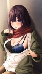 Rule 34 | 1girl, bad id, bad pixiv id, black hair, black shirt, blue bra, blue eyes, blush, bra, breasts, brown pantyhose, cleavage, enpera, green jacket, highres, jacket, long hair, long sleeves, looking at viewer, medium breasts, open clothes, open jacket, open mouth, open shirt, original, pantyhose, ramchi, red scarf, scarf, shirt, sitting, solo, underwear, white shirt