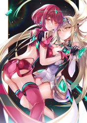 Rule 34 | 2girls, armor, ass, blonde hair, blush, breast press, breasts, cleavage, commentary request, crystal, dress, earrings, gloves, holding hands, inoue takuya (tactactak), jewelry, large breasts, long hair, multiple girls, mythra (xenoblade), nintendo, one eye closed, own hands together, parted lips, pyra (xenoblade), red eyes, red hair, short hair, short shorts, shorts, smile, symmetrical docking, thighhighs, tiara, very long hair, xenoblade chronicles (series), xenoblade chronicles 2, yellow eyes