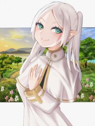 Rule 34 | 1girl, blush, capelet, commentary request, daigoro227, frieren, green eyes, grey hair, highres, landscape, long hair, long sleeves, looking at viewer, parted bangs, pointy ears, smile, solo, sousou no frieren, twintails, white capelet, white hair