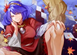Rule 34 | &gt;:), 1girl, autumn leaves, black skirt, blue hair, commentary request, feet out of frame, fuchina, hair ornament, hand up, highres, knee up, leaf hair ornament, long sleeves, looking at viewer, mirror, puffy short sleeves, puffy sleeves, red eyes, red shirt, rope, shide, shimenawa, shirt, short hair, short sleeves, sitting, skirt, smile, solo, touhou, v-shaped eyebrows, wide sleeves, yasaka kanako
