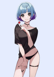 Rule 34 | 1girl, :3, absurdres, black choker, black nails, black panties, black shirt, blue background, blue hair, breasts, brown eyes, candy, choker, closed mouth, contrapposto, crescent choker, eyebrows hidden by hair, food, gradient hair, hand on own thigh, hand up, highres, holding, holding candy, holding food, holding lollipop, lollipop, looking at viewer, medium breasts, multicolored hair, nail polish, original, panties, purple hair, shirt, short hair, short sleeves, simple background, solo, thigh strap, two-tone hair, underwear, yuu (higashi no penguin)