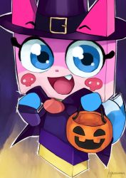 Rule 34 | 1girl, alternate costume, artist name, blue eyes, capelet, cat, fang, halloween, halloween bucket, halloween costume, hat, karasuma234, lego, looking at viewer, open mouth, princess unikitty, pumpkin, skull print, solo, tail, the lego group, the lego movie, witch, witch hat