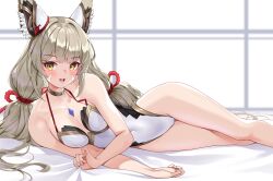 1girl :d animal_ears bare_arms bare_legs bare_shoulders bed_sheet black_one-piece_swimsuit blunt_bangs blush breasts casual_one-piece_swimsuit cat_ears cat_girl chest_jewel choker collarbone commentary commission core_crystal_(xenoblade) covered_navel crossed_legs ear_covers facial_mark fang gold_choker gold_trim grey_hair hair_spread_out happy highres long_hair looking_at_viewer low_twintails lying matrix16 medium_breasts neck_ribbon nia_(blade)_(xenoblade) nia_(xenoblade) on_bed on_side one-piece_swimsuit open_mouth red_ribbon ribbon rope sheet_grab shimenawa sidelocks skin_fang smile solo swimsuit thighs tongue twintails two-tone_one-piece_swimsuit two-tone_swimsuit very_long_hair white_one-piece_swimsuit xenoblade_chronicles_(series) xenoblade_chronicles_2 yellow_eyes