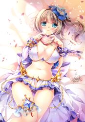 Rule 34 | 1girl, bed, bed sheet, bikini, bikini top only, blue eyes, blush, breasts, brown hair, cleavage, cowboy shot, ekuseria, english text, flower, from above, hair flower, hair ornament, large breasts, long hair, looking at viewer, lying, microskirt, navel, on bed, parted lips, sakurano ru, shironeko project, side ponytail, signature, skirt, solo, sunlight, swimsuit, thigh gap, thighs, valentine