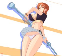 Rule 34 | 1girl, arm behind back, bangle, bracelet, breasts, cleavage, clima-tact, clothes lift, covered erect nipples, hanazuka ryouji, huge breasts, jewelry, nami (one piece), narrow waist, one piece, orange hair, panties, pantyshot, parted bangs, revealing clothes, short hair, smile, solo, thighs, underwear, white panties, wide hips