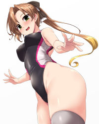 Rule 34 | 1girl, akigumo (kancolle), akigumo kai ni (kancolle), alternate costume, black ribbon, black one-piece swimsuit, breasts, brown hair, commentary request, competition swimsuit, covered erect nipples, from below, green eyes, grey thighhighs, hair ribbon, highleg, highleg swimsuit, highres, kantai collection, long hair, mole, mole under eye, multicolored clothes, multicolored swimsuit, one-piece swimsuit, ponytail, purple one-piece swimsuit, ribbon, small breasts, solo, standing, swimsuit, thighhighs, two-tone ribbon, white ribbon, white one-piece swimsuit, yoshi tama