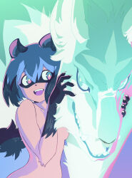 Rule 34 | 1boy, 1girl, :d, animal ears, artist request, blue hair, body fur, brand new animal, breasts, claws, collarbone, completely nude, convenient censoring, cover, dvd cover, furry, furry female, furry male, furry with furry, hetero, highres, kagemori michiru, looking at another, medium breasts, multicolored hair, nude, official art, ogami shirou, open mouth, raccoon ears, raccoon girl, short hair, smile, third-party source, wolf boy
