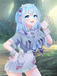 Rule 34 | 1girl, :d, animal ear headphones, animal ears, arm up, blue eyes, blue hair, blue neckerchief, blue serafuku, blush, breasts, collared dress, contrapposto, cowboy shot, crop top, dress, fake animal ears, goddess of victory: nikke, hand on own hip, headphones, headset, highres, kayapotechi, leaning forward, long hair, medium breasts, nature, neckerchief, open hand, open mouth, partially unzipped, pouch, school uniform, serafuku, shifty (nikke), short sleeves, smile, solo, teeth, upper teeth only, wrist cuffs, zipper
