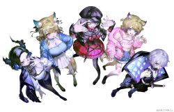 5girls absurdres animal_ear_fluff animal_ears bandaid bandaid_on_face black_capelet black_coat black_corset black_hair black_hat black_jacket black_nails black_pantyhose black_skirt black_thighhighs blonde_hair blue_eyes blue_hair blue_jacket blue_shirt blue_skirt braid breasts capelet chest_jewel choker cleavage coat coat_on_shoulders collared_dress colored_inner_hair commentary copyright_notice corset crop_top deerstalker denim denim_skirt dog_ears dog_girl dog_tail dress english_commentary eyewear_on_head flat_chest foreshortening frilled_choker frilled_dress frills full_body fur-trimmed_skirt fur_trim fuwawa_abyssgard fuwawa_abyssgard_(3rd_costume) glasses grey_hair hair_ornament hair_over_one_eye hairclip hand_on_own_hip hand_up hands_up hat highres hololive hololive_english hood hooded_jacket jacket jewel_under_eye katana koseki_bijou koseki_bijou_(3rd_costume) large_breasts looking_at_viewer medium_hair miniskirt mococo_abyssgard mococo_abyssgard_(3rd_costume) multicolored_hair multiple_girls nail_polish navel nerissa_ravencroft nerissa_ravencroft_(3rd_costume) office_lady official_alternate_costume official_alternate_hair_length official_alternate_hairstyle official_art open_clothes open_jacket open_mouth pantyhose pencil_skirt pink_eyes pink_hair pleated_skirt pungson_mori purple_eyes quilted_jacket red_dress red_nails sheath sheathed shiori_novella shiori_novella_(3rd_costume) shirt shirt_tucked_in short_hair side_braid simple_background skirt swept_bangs sword tail thighhighs two_side_up weapon white_background white_shirt white_skirt white_thighhighs wrist_cuffs x_hair_ornament yellow_eyes