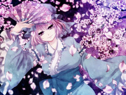 Rule 34 | 1girl, cherry blossoms, hand fan, female focus, folding fan, kyoma (yellowxcake), molfoseca, petals, purple theme, saigyouji yuyuko, smile, solo, touhou, wide sleeves