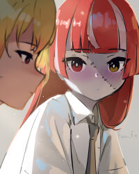 Rule 34 | 2girls, alternate costume, artist name, black necktie, blonde hair, blunt bangs, blush, closed mouth, collared shirt, colored skin, commentary, dot mouth, english commentary, expressionless, fian f.n, grey background, grey hair, grey skin, heterochromia, highres, hololive, hololive indonesia, kaela kovalskia, kureiji ollie, light particles, long hair, looking at another, multicolored hair, multicolored skin, multiple girls, necktie, patchwork skin, red eyes, red hair, shirt, simple background, stitched face, stitches, two-tone skin, upper body, virtual youtuber, white shirt, white skin, yellow eyes
