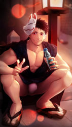 Rule 34 | 1boy, abs, bara, black hair, blurry, blurry background, bottle, bulge, facial hair, fox mask, fundoshi, highres, holding, holding bottle, japanese clothes, large pectorals, looking at viewer, male focus, mask, mask around one ear, meisho hanten, muscular, muscular male, original, pectoral cleavage, pectorals, revealing clothes, short hair, solo, squatting, stubble, thick thighs, thighs, v, water bottle