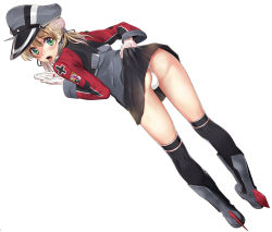 Rule 34 | 10s, 1girl, anchor hair ornament, ass, black socks, black thighhighs, blonde hair, clothes lift, commentary request, eyebrows, eyes visible through hair, full body, gloves, green eyes, grey skirt, hair ornament, hat, kantai collection, kneehighs, legs apart, lifting own clothes, long sleeves, looking at viewer, open mouth, panties, peaked cap, pleated skirt, prinz eugen (kancolle), simple background, skirt, skirt lift, socks, solo, standing, thighhighs, tongue, tongue out, twintails, ugeppa, underwear, white background, white gloves, white panties
