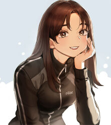 Rule 34 | 1girl, beautiful gunbari, black jacket, breasts, brown eyes, brown hair, commission, grey background, hand on own cheek, hand on own face, highres, jacket, long hair, long sleeves, parted bangs, pyojunbe, small breasts, smile, track suit, upper body, white background, zipper