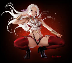 Rule 34 | 1girl, adapted costume, aiguillette, artist name, bikini, black background, black footwear, black one-piece swimsuit, black slingshot swimsuit, blue eyes, boots, breasts, closed mouth, commentary, edelgard von hresvelg, english commentary, epaulettes, fire emblem, fire emblem: three houses, floating hair, forehead, gluteal fold, hair ribbon, heheneko, high heel boots, high heels, lips, lipstick, long hair, looking at viewer, makeup, medium breasts, midriff, mixed-language commentary, nail polish, navel, nintendo, one-piece swimsuit, parted bangs, patreon username, red background, red bikini, red nails, red thighhighs, ribbon, simple background, slingshot swimsuit, solo, spread legs, squatting, swimsuit, swimsuit over clothes, thick thighs, thighhighs, thighs, two-tone background, two-tone swimsuit, vambraces, white hair