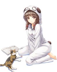 Rule 34 | 1girl, :o, absurdres, animal costume, animal hood, artist request, azusagawa kaede, barefoot, between legs, book, brown eyes, brown hair, cardigan, cat, fake tail, hair ornament, hair over shoulder, hand between legs, highres, hood, hood up, long hair, long sleeves, looking at viewer, low twintails, open book, panda costume, panda hood, panda tail, pants, seishun buta yarou, simple background, sitting, solo, star-ring, tail, twintails, wariza, white background, white cardigan, white pants