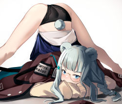 Rule 34 | 1girl, animal ears, aqua hair, arknights, arm support, ass, bare legs, bear ears, bear girl, bear tail, black panties, blue eyes, blue skirt, blunt bangs, blush, braid, brown coat, clothes lift, coat, feet out of frame, highres, istina (arknights), jack-o&#039; challenge, long sleeves, looking at viewer, miniskirt, panties, simple background, single braid, skirt, skirt lift, sleeves past wrists, solo, spread legs, tail, top-down bottom-up, underwear, v-shaped eyebrows, wakamepiza, white background, yellow-framed eyewear