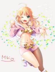 Rule 34 | 1girl, ;d, ahoge, blonde hair, breasts, green eyes, hoshii miki, idolmaster, idolmaster (classic), long hair, name row, navel, one eye closed, open mouth, pantyhose, pink diamond 765, single leg pantyhose, small breasts, smile, solo