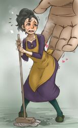 Rule 34 | 1girl, 1other, apron, ass, ass grab, black hair, broom, brown hair, dress, full body, heart, highres, holding, holding broom, homily (arrietty), humiliation, indian style, karigurashi no arrietty, leg warmers, long hair, mature female, mini person, minigirl, moaning, scared, sexual harassment, sitting, socks, studio ghibli, sweat, tears, tobato the dog, tobatoinu, trembling, wavy mouth
