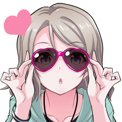 Rule 34 | 10s, 1girl, :o, adjusting eyewear, blue eyes, blush, closed mouth, collarbone, glasses, grey hair, hair between eyes, heart, heart-shaped eyewear, heart-shaped glasses, heart-shaped sunglasses, jewelry, kurihara kenshirou, love live!, love live! sunshine!!, necklace, open mouth, short hair, simple background, solo, sunglasses, watanabe you, white background, wristband
