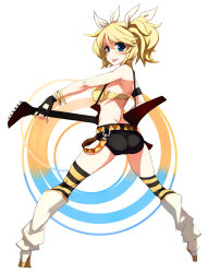 Rule 34 | 1girl, :p, alternate costume, alternate hairstyle, ass, belt, blonde hair, blue eyes, blush, bra, bracelet, breasts, caee penguin, electric guitar, fingerless gloves, gloves, guitar, hair ribbon, highres, instrument, jewelry, kagamine rin, looking at viewer, looking back, ribbon, short hair, short shorts, shorts, sideboob, solo, striped clothes, striped thighhighs, thighhighs, tongue, tongue out, twintails, underwear, vocaloid, white background