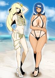 Rule 34 | 2girls, arm at side, arm grab, arm up, bare arms, bare legs, bare shoulders, beach, black choker, black footwear, black one-piece swimsuit, blonde hair, blue eyes, blue hair, blush, bracer, breasts, bright pupils, choker, cleavage, closed mouth, cloud, collarbone, creatures (company), curvy, dark-skinned female, dark skin, freckles, full body, game freak, gold, grabbing own arm, green eyes, hair ornament, hand on own hip, hand on own head, high heels, highres, jewelry, kurosu gatari, lana&#039;s mother (pokemon), large breasts, legs, legs together, long hair, looking at viewer, lusamine (pokemon), mature female, medium hair, multiple girls, navel, nintendo, o-ring, o-ring top, one-piece swimsuit, one-piece tan, open mouth, outdoors, pale skin, pokemon, pokemon (anime), pokemon sm (anime), ponytail, sky, slingshot swimsuit, small breasts, smile, standing, stomach, strappy heels, swimsuit, tan, tanline, thick thighs, thighlet, thighs, toeless footwear, white footwear, white pupils, wide hips, yellow one-piece swimsuit