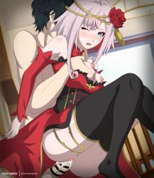 Rule 34 | 1boy, 1girl, asahina takt, ass, bare shoulders, black hair, black thighhighs, blue eyes, blush, breasts, breasts out, censored, clothed female nude male, clothed sex, crown, cum, cum in pussy, destiny (takt op.), detached collar, detached sleeves, dress, eufoniuz, facial tattoo, flower, functionally nude, grabbing, grabbing another&#039;s breast, groping, hair flower, hair ornament, headpiece, highres, indoors, long hair, long sleeves, medium breasts, nipples, no bra, no panties, nude, one eye closed, open mouth, pale skin, penis, pink hair, pussy, red dress, red flower, reverse suspended congress, sex, sex from behind, sweat, takt op., tattoo, thigh grab, thigh strap, thighhighs, thighs, vaginal