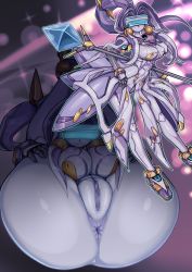 Rule 34 | 1girl, absurdres, android, angelan, anus, blush, breasts, censored, colored skin, covered erect nipples, folded, highres, holding, holding staff, large breasts, mosaic censoring, multiple views, pochincoff, ponytail, purple hair, purple skin, pussy, robot, staff, virtual on, visor