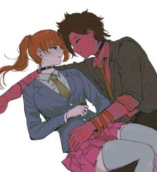 Rule 34 | 1boy, 1girl, blue jacket, bracelet, brown eyes, brown hair, chidouin sara, closed mouth, collared shirt, crying, dabin kgs, empty eyes, eye contact, green necktie, hallucination, hetero, high ponytail, highres, jacket, jewelry, kimi ga shine, long hair, long sleeves, looking at another, lying, necktie, on back, on side, orange hair, pink skirt, pleated skirt, shirt, simple background, skirt, smile, tazuna joe, thighhighs, white background, white shirt, white thighhighs