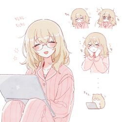 Rule 34 | 1girl, animalization, azusawa kohane, blush, brown hair, closed eyes, commentary request, computer, drooling, facing viewer, glasses, hair down, hamster, hands on own cheeks, hands on own face, highres, korean commentary, korean text, laptop, long hair, long sleeves, multiple views, pajamas, pink pajamas, project sekai, simple background, sitting, sleepy, white background, wo habum, zzz