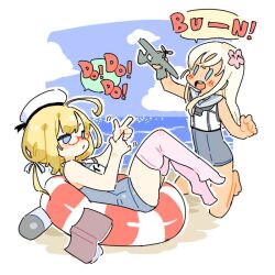 Rule 34 | barefoot, beach, blonde hair, blue eyes, blue one-piece swimsuit, blue sky, blush, book, border, cropped shirt, dark-skinned female, dark skin, day, finger gun, flower, glasses, hair flower, hair ornament, hand up, hat, holding, holding toy, horizon, i-8 (kancolle), jibakurei (elite unchi), kantai collection, knees up, long hair, looking at another, no shoes, ocean, on innertube, one-piece swimsuit, open mouth, outdoors, outside border, pink flower, pink thighhighs, playing, red-framed eyewear, ro-500 (kancolle), round teeth, sailor hat, sand, school swimsuit, shirt, skindentation, sky, smile, solid oval eyes, swim ring, swimsuit, teeth, thighhighs, torpedo, toy, toy airplane, upper teeth only, v-shaped eyebrows, white border, white hair, white hat, white shirt