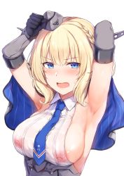 Rule 34 | 1girl, armpit focus, armpits, arms up, blonde hair, blue eyes, blush, bob cut, braid, breasts, cai geng, capelet, colorado (kancolle), commentary request, covered erect nipples, elbow gloves, french braid, gloves, hat, kantai collection, large breasts, mini hat, necktie, nipples, open mouth, see-through, shirt, short hair, side braid, sideboob, simple background, sleeveless, sleeveless shirt, solo, sweat, underbust, upper body, white background
