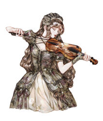 Rule 34 | 1girl, bow (music), breasts, brown hair, cleavage, closed eyes, commentary request, cropped legs, dress, eyelashes, floral print, flower, green dress, hair flower, hair ornament, holding, holding instrument, holding violin, instrument, korean commentary, long hair, medium breasts, music, original, playing instrument, puffy short sleeves, puffy sleeves, saelah andlus, short sleeves, sidelocks, simple background, solo, very long hair, violin, white background