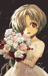 Rule 34 | 1girl, blonde hair, bouquet, brown eyes, dress, earrings, flower, hair over one eye, happy birthday, highres, holding, holding bouquet, idolmaster, idolmaster cinderella girls, jewelry, necklace, onikam producer, open mouth, rose, shirasaka koume, short hair, smile, solo, upper body, white dress