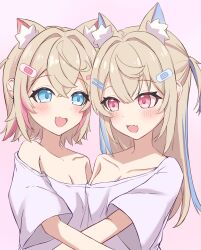 Rule 34 | 2girls, absurdres, animal ear fluff, animal ears, bandaid, bandaid hair ornament, blonde hair, blue eyes, blue hair, blush, breasts, dog ears, dog girl, fang, fuwawa abyssgard, hair ornament, hairpin, highres, hololive, hololive english, hug, long hair, looking at another, looking at viewer, medium breasts, medium hair, mococo abyssgard, multicolored hair, multiple girls, nekomotowata, open mouth, pink eyes, pink hair, shirt, siblings, sisters, skin fang, small breasts, smile, streaked hair, twins, two side up, virtual youtuber, white shirt, x hair ornament