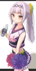 Rule 34 | 1girl, absurdres, arm at side, bottle, cheerleader, commentary request, drink, from above, hair ornament, highres, holding, holding bottle, hololive, looking at viewer, looking up, midriff, murasaki shion, navel, parted lips, pink hair, pocari sweat, pom pom (cheerleading), ponytail, sidelocks, simple background, sleeveless, stoppettanhate, sweat, uniform, virtual youtuber, walking, water bottle, white background, yellow eyes