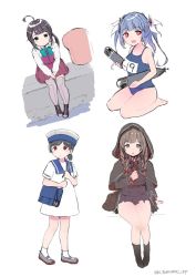 Rule 34 | 4girls, ahoge, bag, black hair, blue hair, blue one-piece swimsuit, boots, braid, breasts, brown eyes, brown hair, brown skirt, capelet, cross-laced footwear, dress, gradient hair, grey legwear, hatg, hayanami (kancolle), hiburi (kancolle), holding, holding torpedo, hood, hood up, hooded capelet, i-19 (kancolle), kantai collection, lace-up boots, long hair, long sleeves, multicolored hair, multiple girls, name tag, one-piece swimsuit, open mouth, pleated skirt, ponytail, purple dress, purple hair, red eyes, sailor collar, sailor dress, school swimsuit, shinshuu maru (kancolle), shirt, short ponytail, short sleeves, sidelocks, simple background, sitting, sketch, skirt, smile, socks, someno haru, standing, swimsuit, thighhighs, torpedo, tri tails, twin braids, twitter username, white background, white dress, white legwear, white shirt
