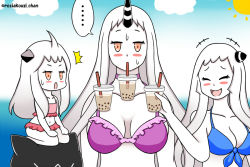 Rule 34 | ..., 3girls, abyssal ship, ahoge, airfield princess, bikini, blue bikini, blush stickers, breasts, bubble tea, bubble tea challenge, choker, cloud, colored skin, commentary request, cup, disposable cup, drinking straw, drinking straw in mouth, enemy aircraft (kancolle), closed eyes, frilled bikini, frills, horns, kantai collection, large breasts, multiple girls, navel, northern ocean princess, object on breast, open mouth, orange eyes, purple bikini, roshiakouji-chan, seaport princess, seiza, single horn, sitting, smile, spoken ellipsis, sun, sweat, swimsuit, twitter username, white hair, white skin