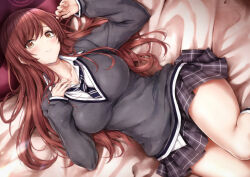 Rule 34 | 1girl, bed sheet, black skirt, black vest, blush, breasts, brown hair, collarbone, feet out of frame, fingernails, hair spread out, highres, idolmaster, idolmaster shiny colors, large breasts, light smile, long sleeves, looking at viewer, loose necktie, lying, miniskirt, nail polish, necktie, on back, open collar, osaki amana, plaid, plaid skirt, pleated skirt, school uniform, shirt, skirt, solo, suien, sweater vest, vest, white shirt