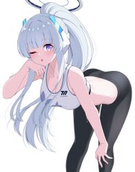 Rule 34 | 1girl, ;o, absurdres, alternate costume, alternate hairstyle, arm support, ass, bare arms, bare shoulders, bent over, black pants, blue archive, breasts, butt crack, cleavage, crop top, feet out of frame, grey hair, halo, hand on own knee, headgear, headphones, high ponytail, highres, large breasts, long hair, mechanical halo, midriff, noa (blue archive), one eye closed, pants, purple eyes, reia 76, sidelocks, sports bra, sportswear, sweat, sweatdrop, thighs, twitter username, very long hair, white hair, white sports bra, yoga pants